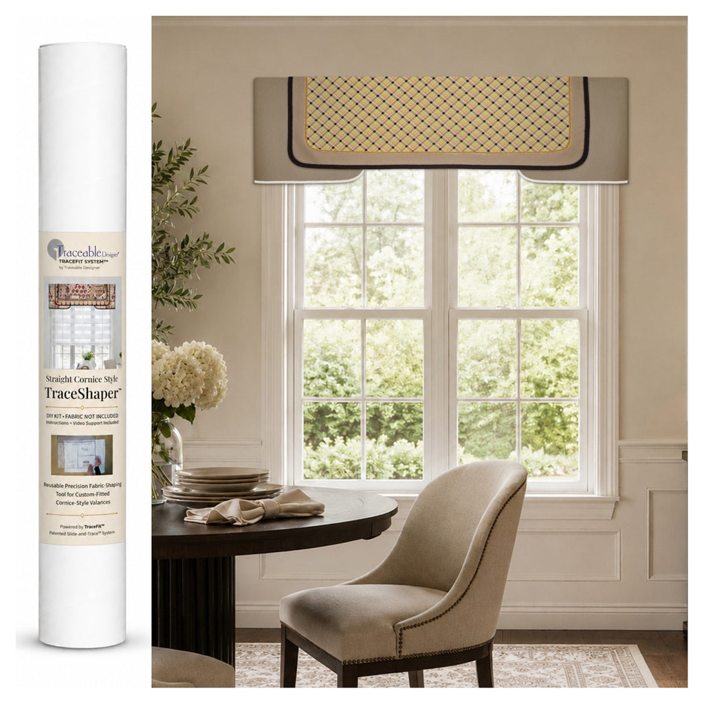 Straight Cornice Style TraceShaper™ kit shown with packaging tube and finished straight cornice-style valance displayed above a window. DIY no-sew cornice valance kit for creating a custom-fitted window treatment using your own fabric.