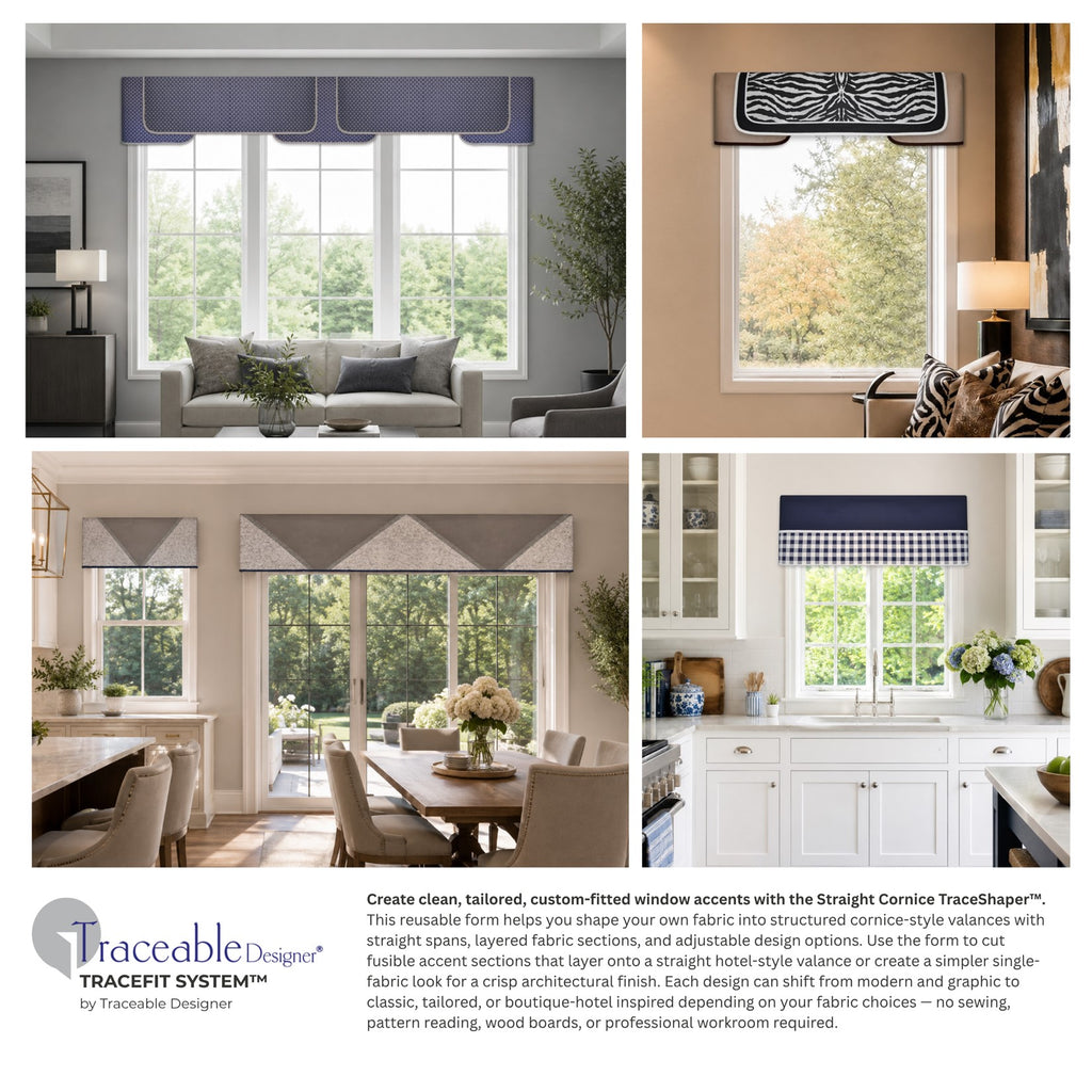 Traceable Designer straight no-sew cornice valance valance kit. Patented traceable form for porecision shaping without sewing. Traceable design forms are the perfect sewing alternative for DIY projects. Use a standard curtain rod. Fit all window sizes.