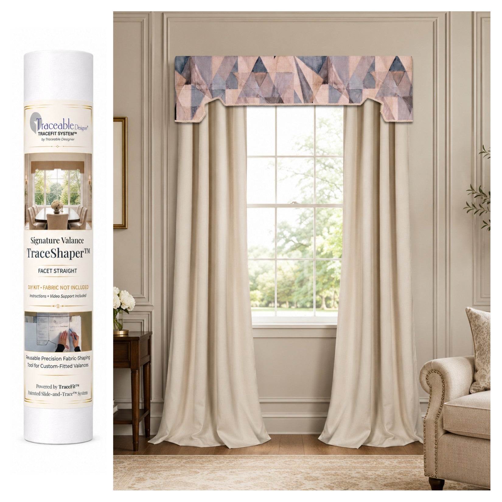 Traceable Designer Signature Facet Straight no-sew valance kit for making custom rod-pocket cornice-style valances without sewing