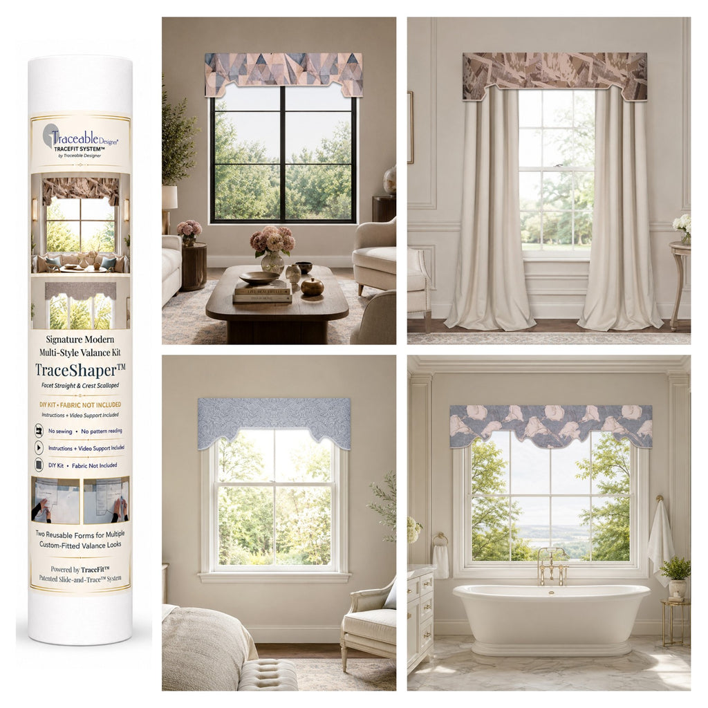 Signature Modern Crest and Facet no-sew window valance kit by Traceable Designer, showing reusable TraceShaper™ forms with modern cornice-inspired valance styles in room scenes.