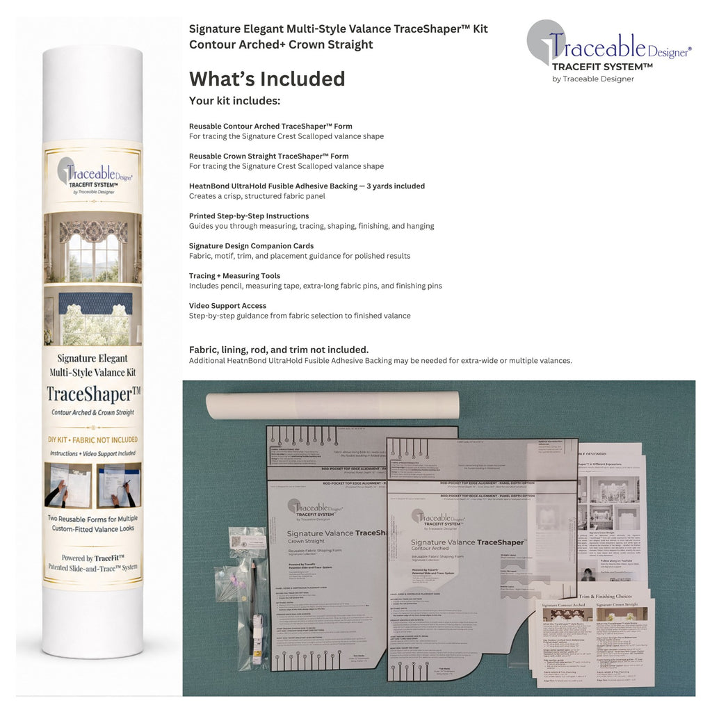 Package contents for the Signature Elegant Crown and Arched no-sew valance kit, including reusable TraceShaper™ forms, lining, bonding materials, instructions, and video support.