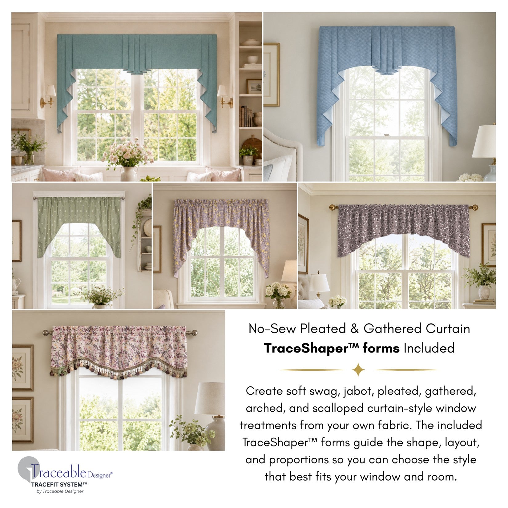 Pleated and gathered swag curtain style page showing multiple soft valance looks, including pleated, gathered, swag, and jabot-style curtain finishes for custom-fitted windows.