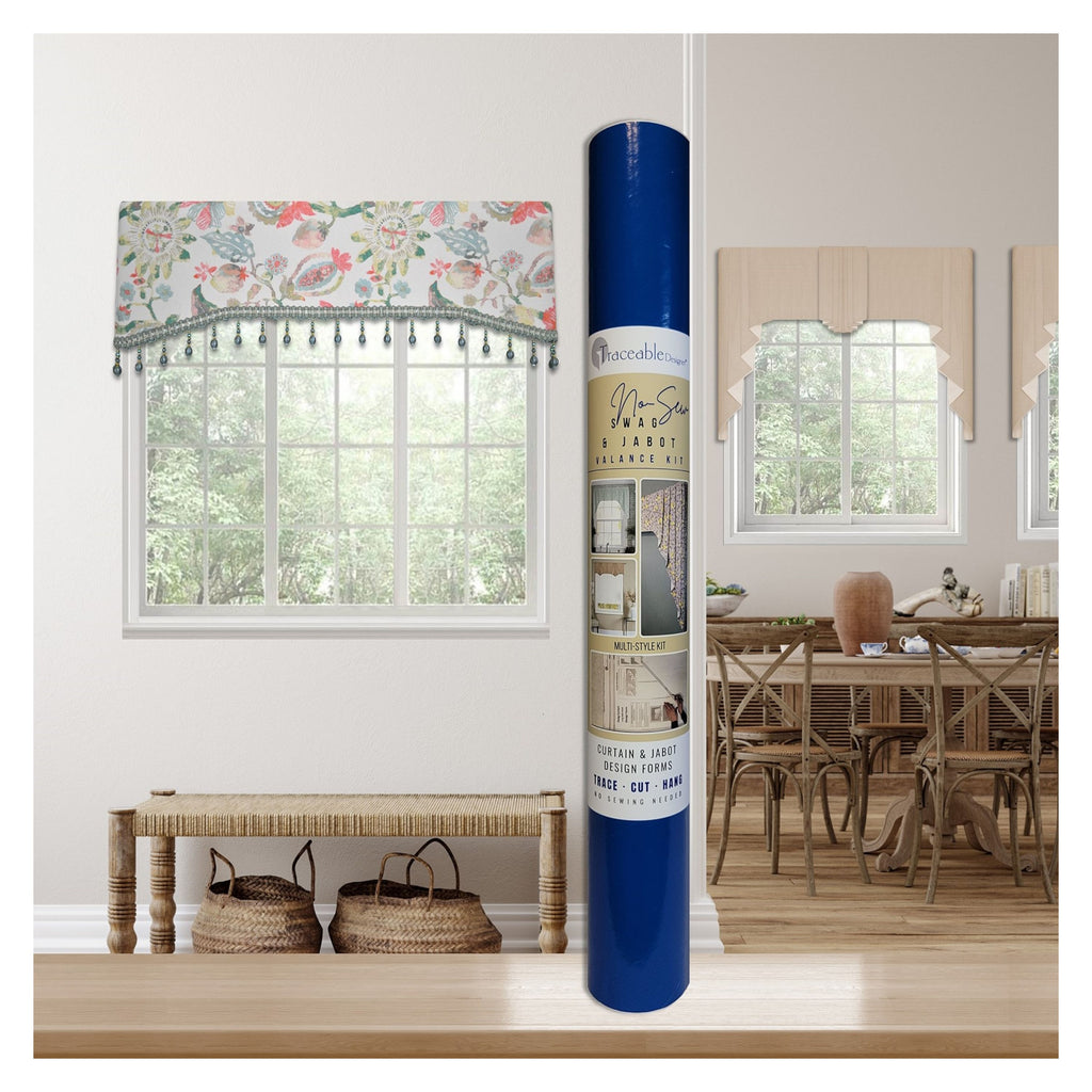 Traceable Designer no-sew pleated and gathered swag & jabot valance kit. Make custom long jabots styles, short curtains, and cornice valances without sewing. Lined panels include a rod pocket for hanging on a curtain rod. Fit all window sizes and styles. The ultimate sewing alternative. 