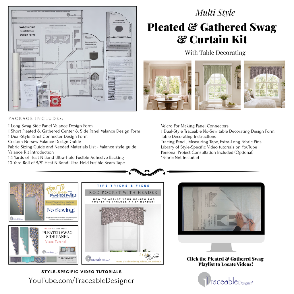 Video support slide for the Pleated and Gathered Swag Curtain Valance Kit, showing step-by-step guidance for tracing, bonding, turning, and finishing a soft rod-pocket swag curtain.