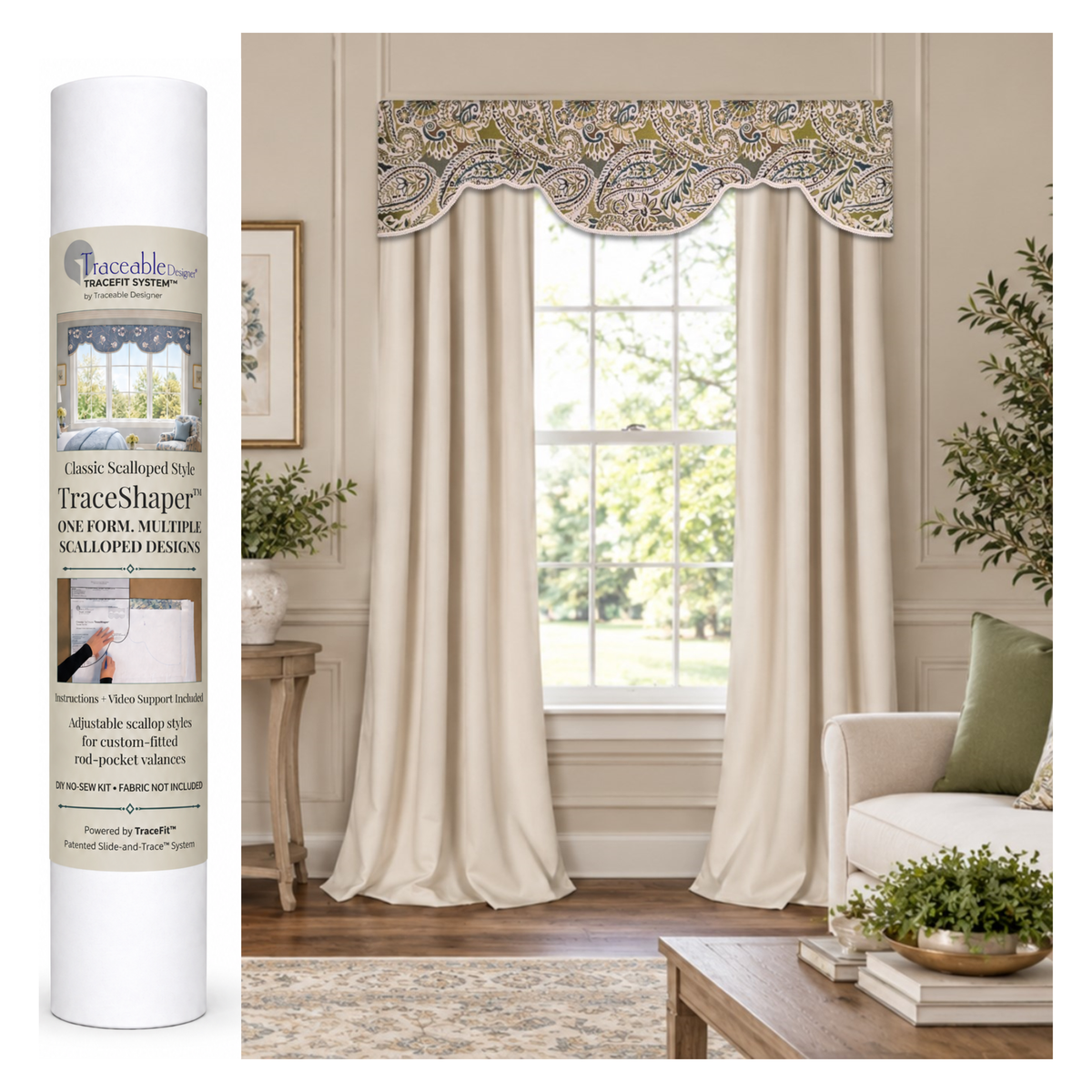 Classic Scalloped no-sew valance made with the reusable Traceable Designer TraceShaper fabric shaping form