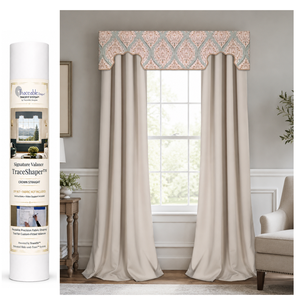 Signature Crown Straight TraceShaper™ Valance Kit shown with a no-sew custom crown-style fabric valance over a window.