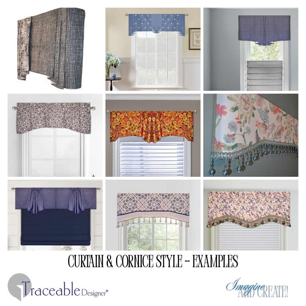 Traceable Designer no-sew pleated and gathered swag & jabot valance kit. Make custom long jabots styles, short curtains, and cornice valances without sewing. Lined panels include a rod pocket for hanging on a curtain rod. Fit all window sizes and styles. The ultimate sewing alternative. 