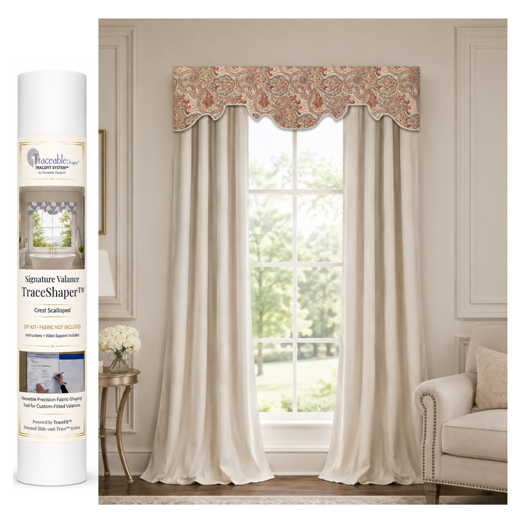 Traceable Designer Signature Crest Scalloped TraceShaper™ Valance Kit shown with a no-sew custom scalloped fabric valance over drapes.