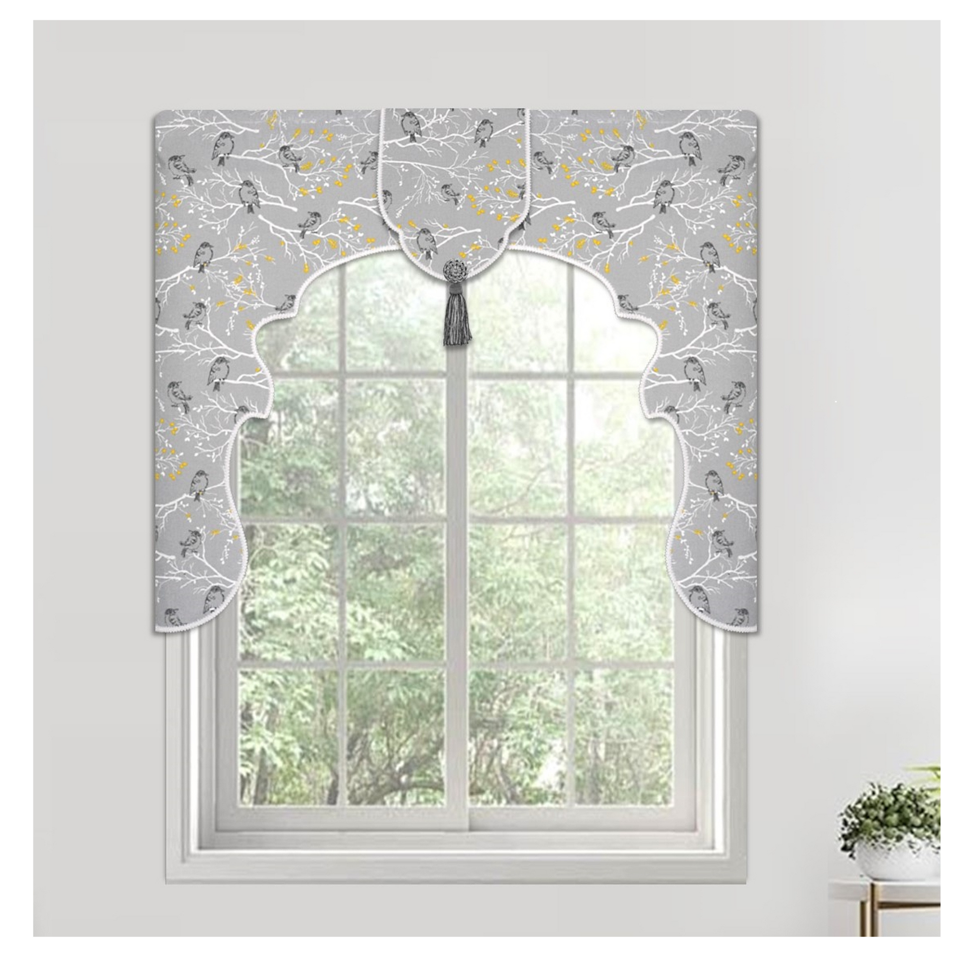 raceable Designer no-sew scalloped lambrequin cornice valance kit. Make custom valances without sewing. Lined panels include a rod pocket for hanging on a curtain rod. Fit all window sizes and styles. Perfect for chic, elegant, & Mediterranean decor.
