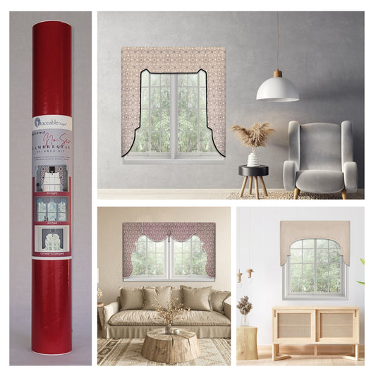 Traceable Designer multi-style lambrequin valance kit. Make custom window treatments without sewing. Lined panels include a rod pocket for hanging on a curtain rod. No wood board or Styrofoam needed. Long style is perfect for room darkening.
