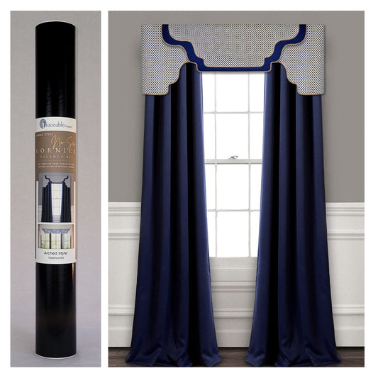 Traceable Designer arched no-sew rod pocket valance kit. Lined cornice styles are great for room darkening. Traceable design forms are the perfect sewing alternative for DIY projects. Use a standard curtain rod. Fit all window sizes. 
