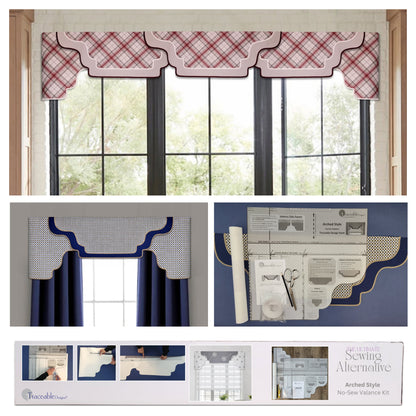 Traceable Designer arched no-sew rod pocket valance kit. Lined cornice styles are great for room darkening. Traceable design forms are the perfect sewing alternative for DIY projects. Use a standard curtain rod. Fit all window sizes. 
