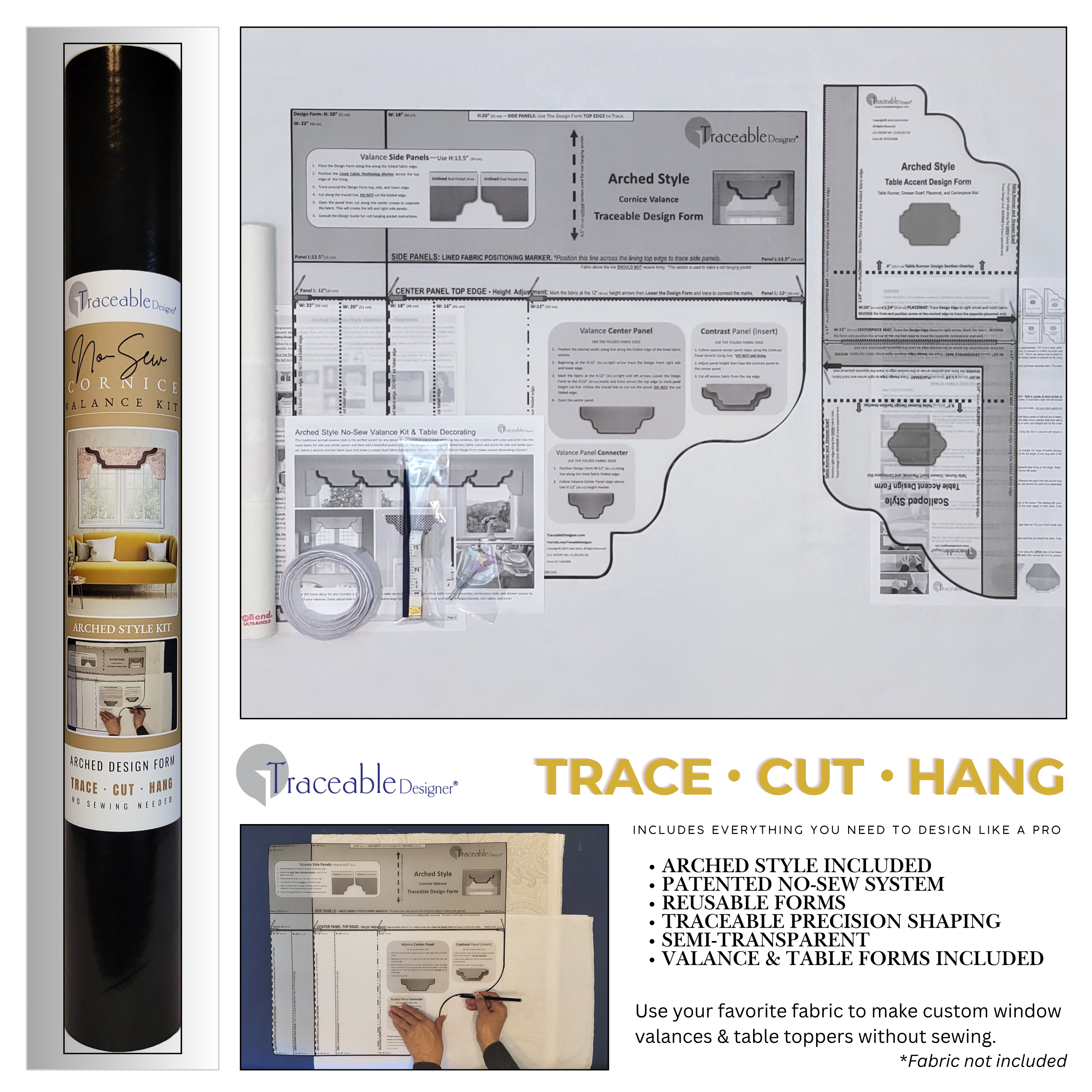 Traceable Designer arched style no-sew cornice valance valance kit. Patented traceable form for precision shaping without sewing. Traceable design forms are the perfect sewing alternative for DIY projects. Use a standard curtain rod. Fit all window sizes.