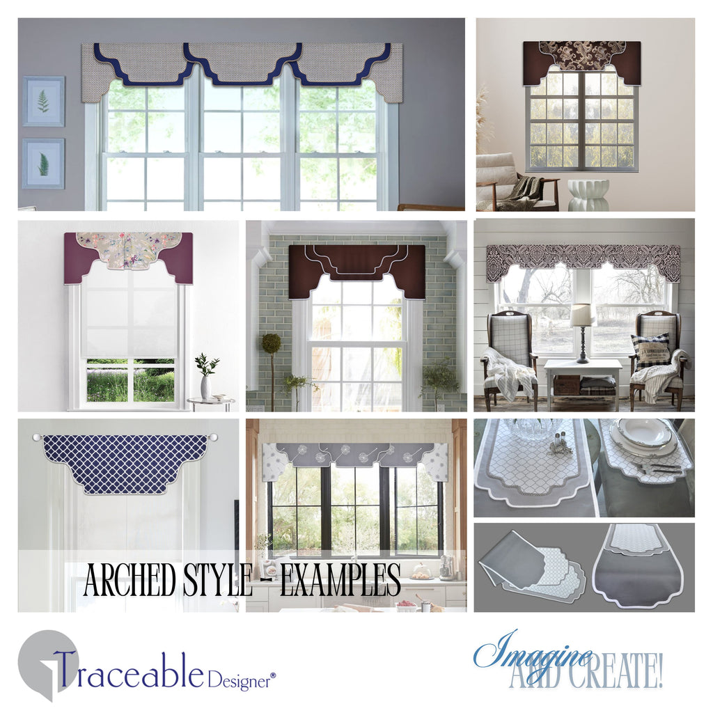 Traceable Designer arched no-sew rod pocket valance kit. Lined cornice styles are great for over shades or curtains. Traceable design forms are the perfect sewing alternative for DIY projects. Use a standard curtain rod. Fit all window sizes. 
