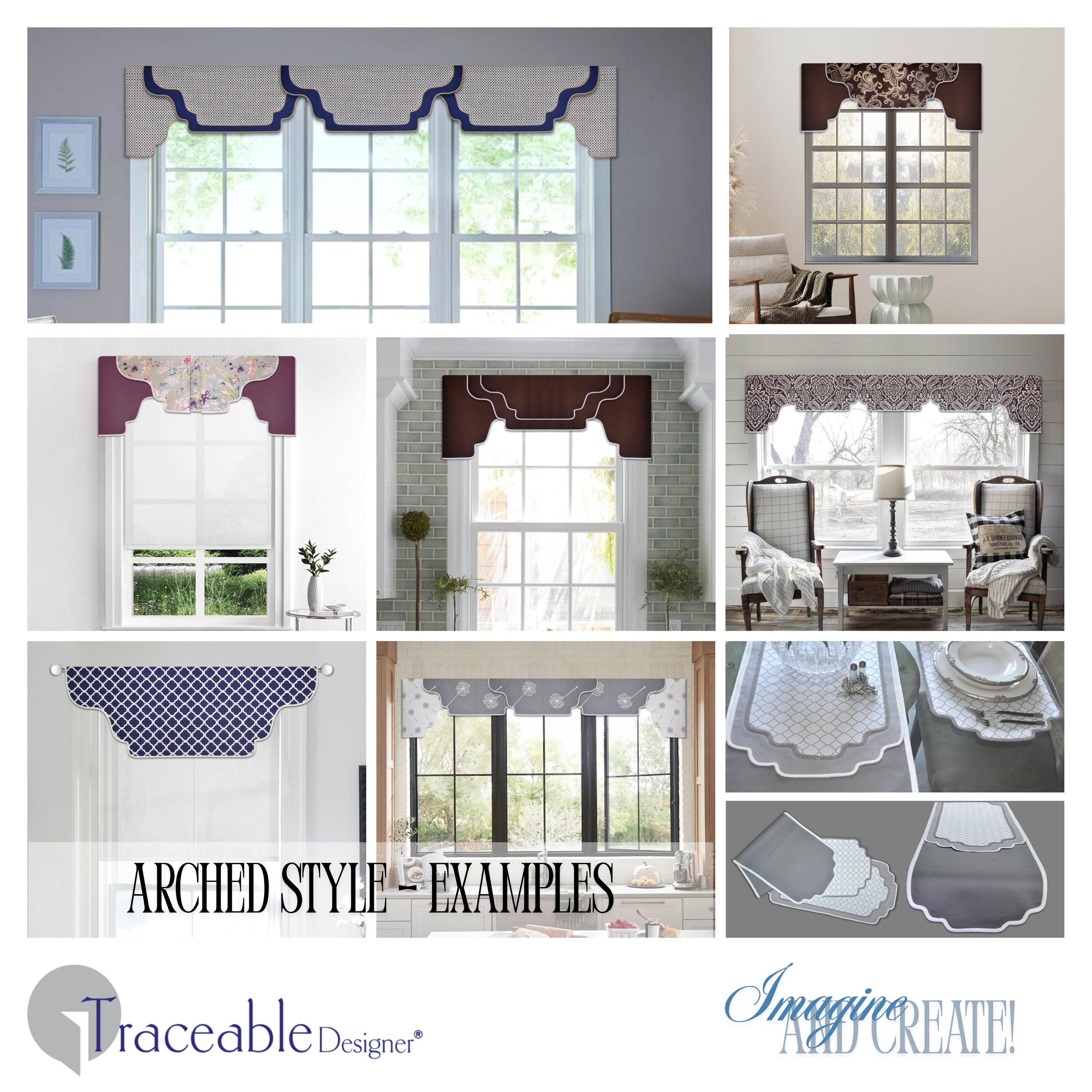 Traceable Designer arched no-sew rod pocket valance kit. Lined cornice styles are great for over shades or curtains. Traceable design forms are the perfect sewing alternative for DIY projects. Use a standard curtain rod. Fit all window sizes. 
