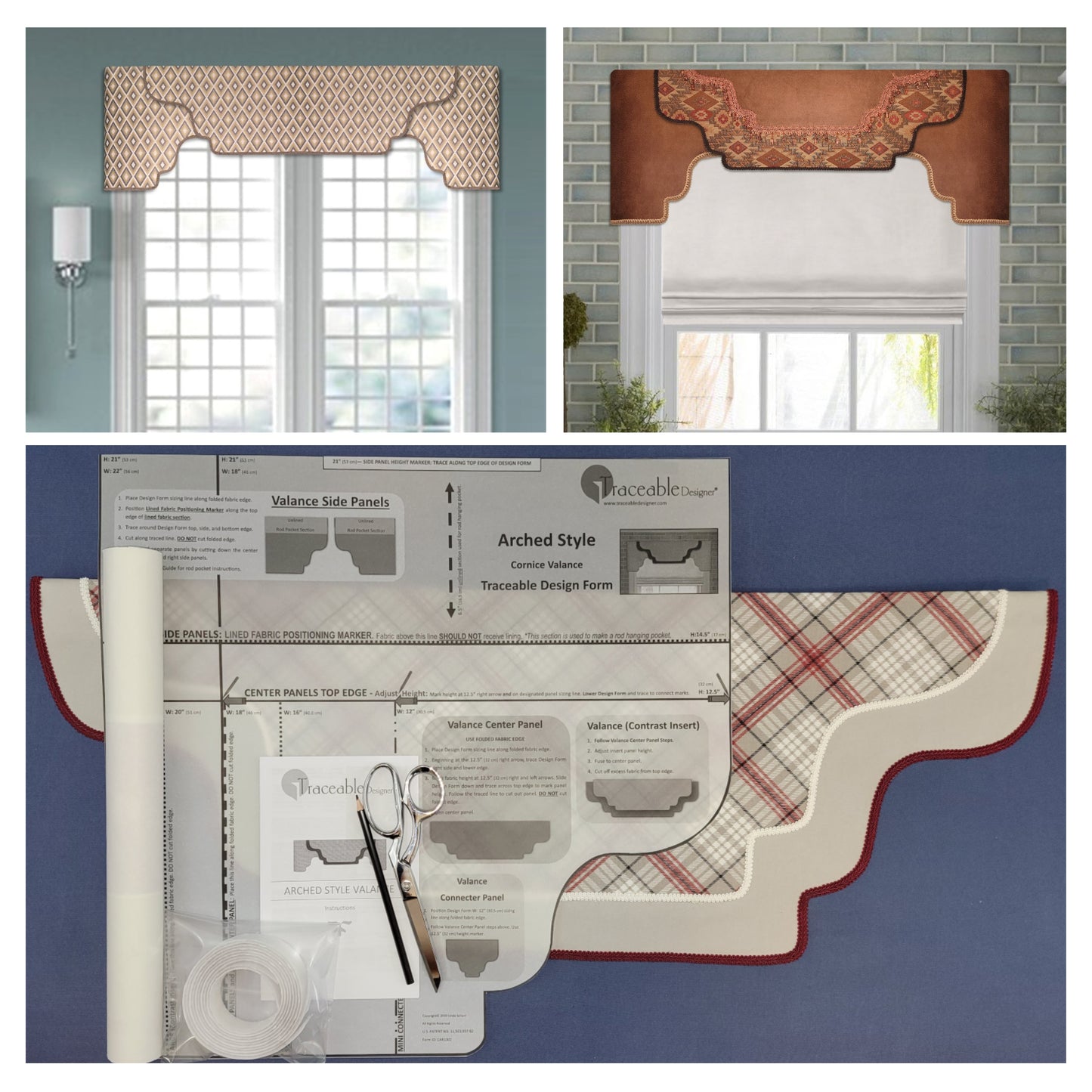 Traceable Designer arched no-sew rod pocket valance kit. Lined cornice styles are great for room darkening. Traceable design forms are the perfect sewing alternative for DIY projects. Use a standard curtain rod. Fit all window sizes. 
