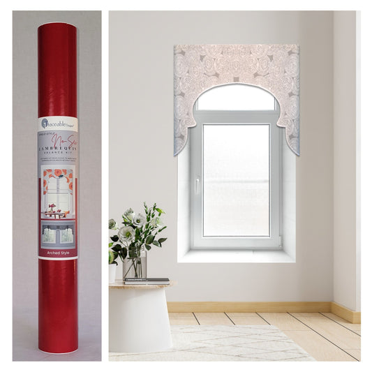 Traceable Designer arched no-sew rod pocket valance kit. Lined Lambrequin cornice styles are great for room darkening. Traceable design forms are the perfect sewing alternative for DIY projects. Use a standard curtain rod. Fit all window sizes.
