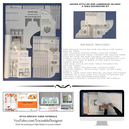 Traceable Designer arched no-sew valance kit includes traceable valance forms - the perfect sewing alternative for DIY window projects. Create custom valances to match curtains, throw pillows, bedding, shades, and more.