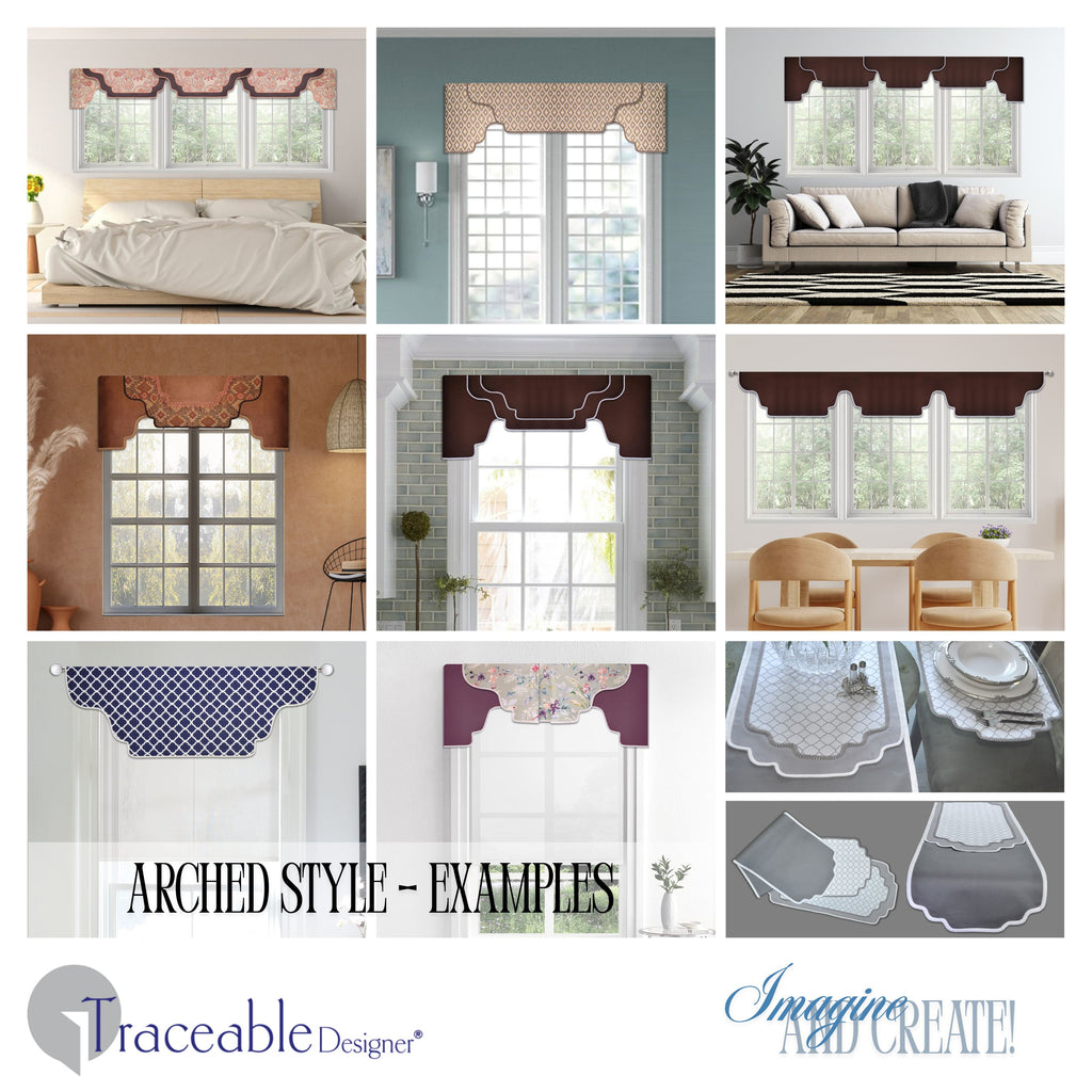 Traceable Designer multi-style no-sew cornice valance kit. Make custom curtains without sewing. Lined panels include a rod pocket for hanging on a curtain rod. Fit all window sizes and styles. Reusable forms for making a variety of arched valance styles.