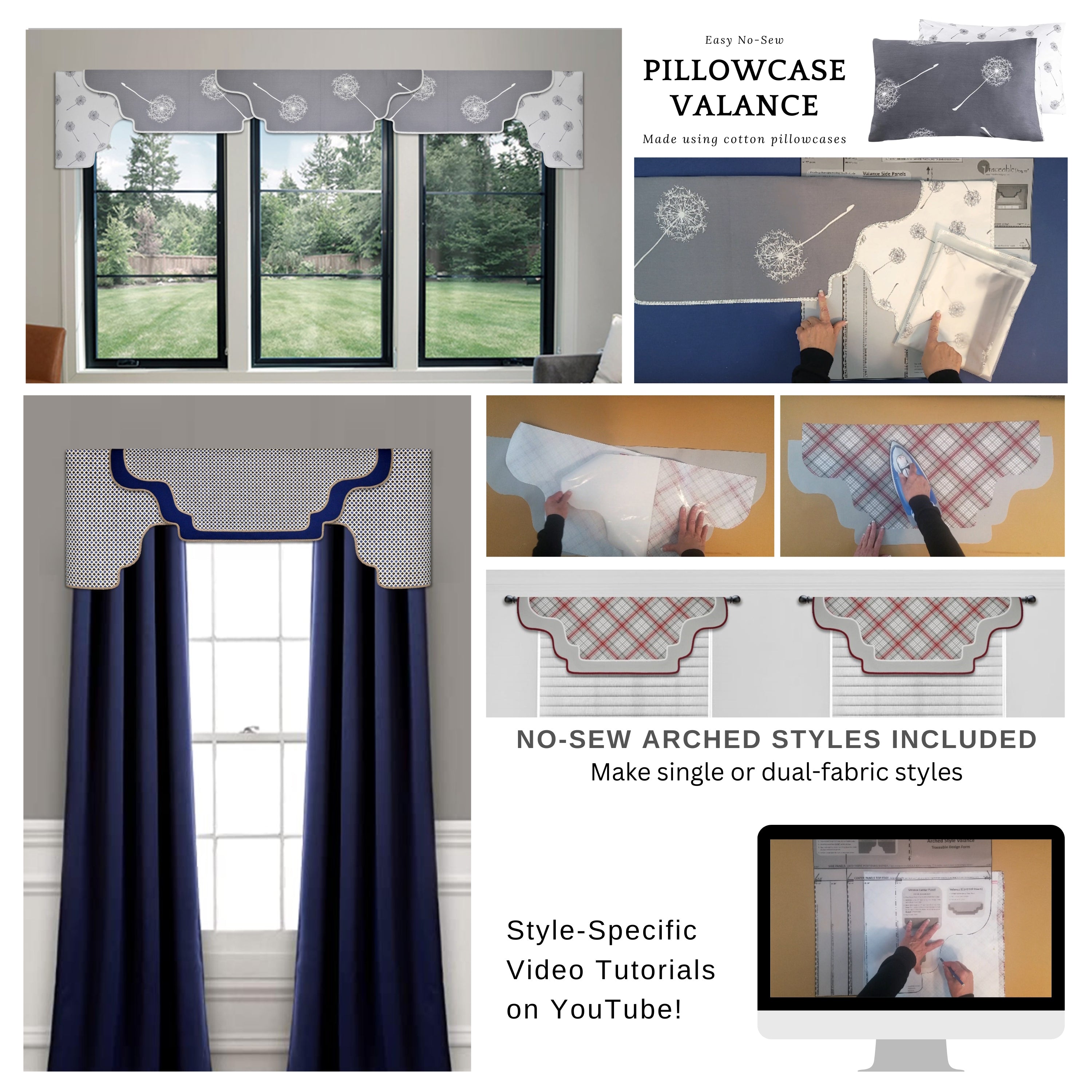 Traceable Designer DIY no-sew valance kit includes scalloped, arched and straight styles. Make beautiful window treatments without sewing! Designed by Linda Schurr