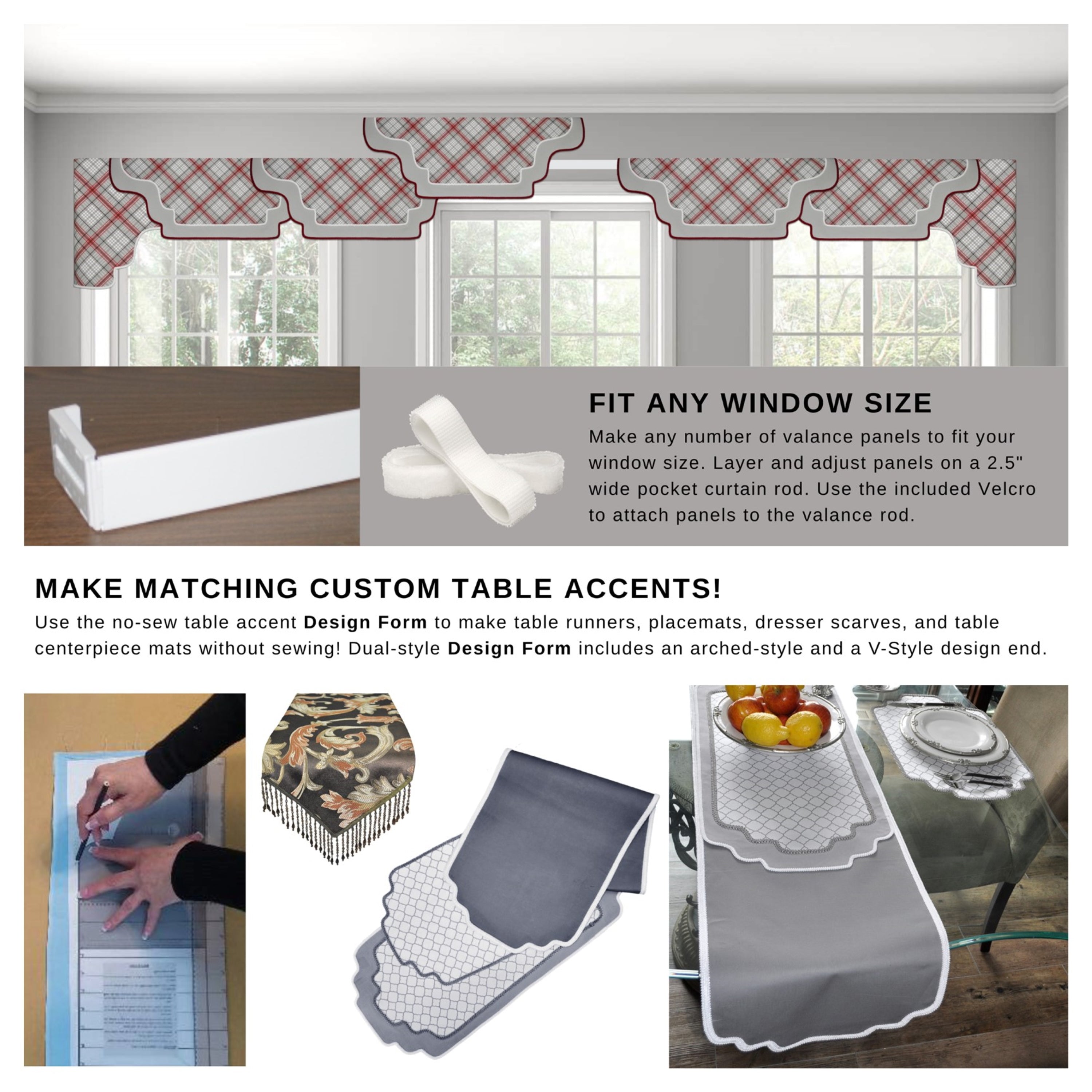Traceable Designer No-Sew Arched Style Cornice Valance & Table Decorating Kit for DIY Home Decorating