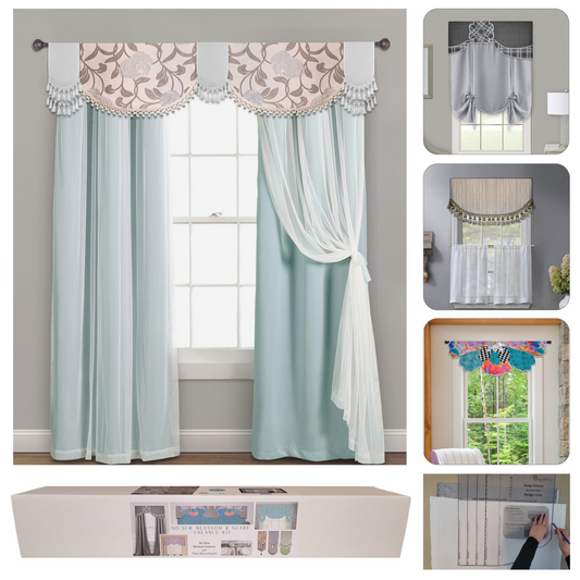 Traceable Designer swag, scarf & blossom no-sew valance kit. Make rod pocket curtains for eclectic, shabby chic, farmhouse, traditional decor. No-sew design forms are the perfect sewing alternative for DIY window projects. The perfect window topper for louvered blinds, shades, drapes, curtains.
