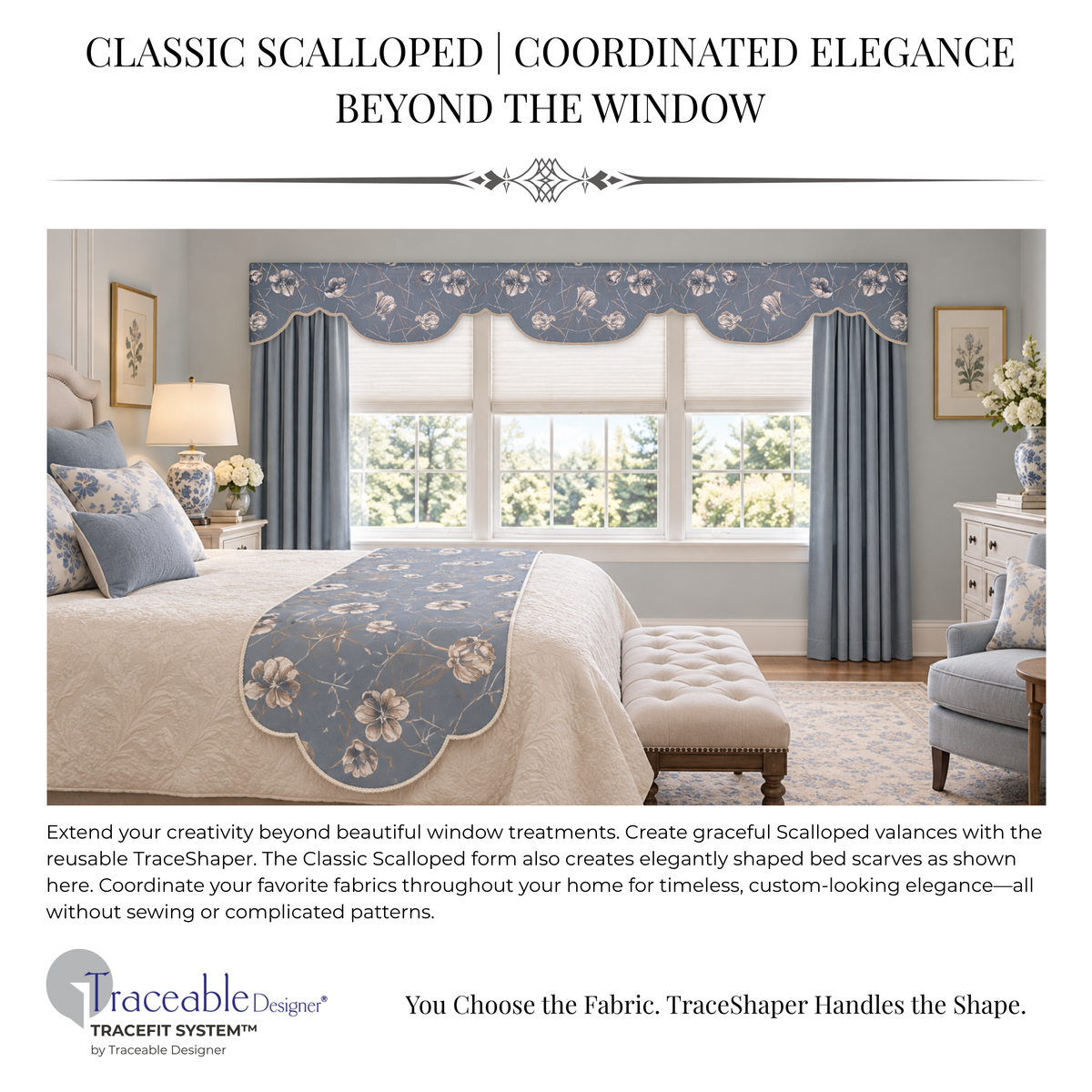 Traceable Designer Scalloped Cornice-Style Valance Kit | Rod-Pocket Valance | Fits All Window Sizes | Reusable No-Sew Fabric-Shaping Form
