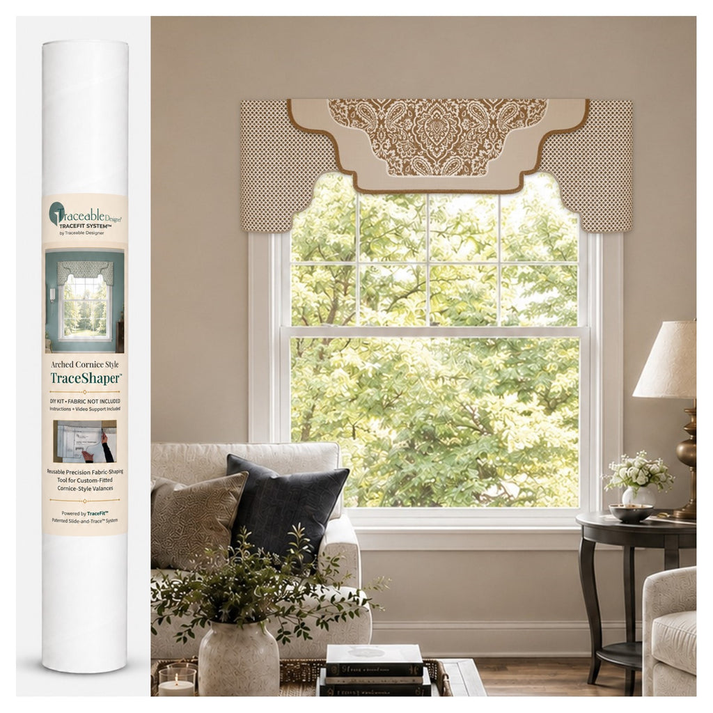 Arched Cornice Style TraceShaper™ kit shown with packaging tube and finished arched cornice-style valance displayed above a window. DIY no-sew cornice valance kit for creating a custom-fitted window treatment using your own fabric.