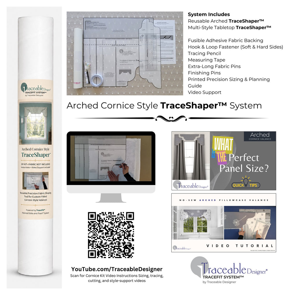 Traceable Designer arched no-sew rod pocket valance kit. Lined cornice-style valances are the perfect toppers for sliding-glass-doors, shades, or curtains. Traceable design forms are the perfect sewing alternative for DIY projects. Use a standard curtain rod. Fit all window sizes. 