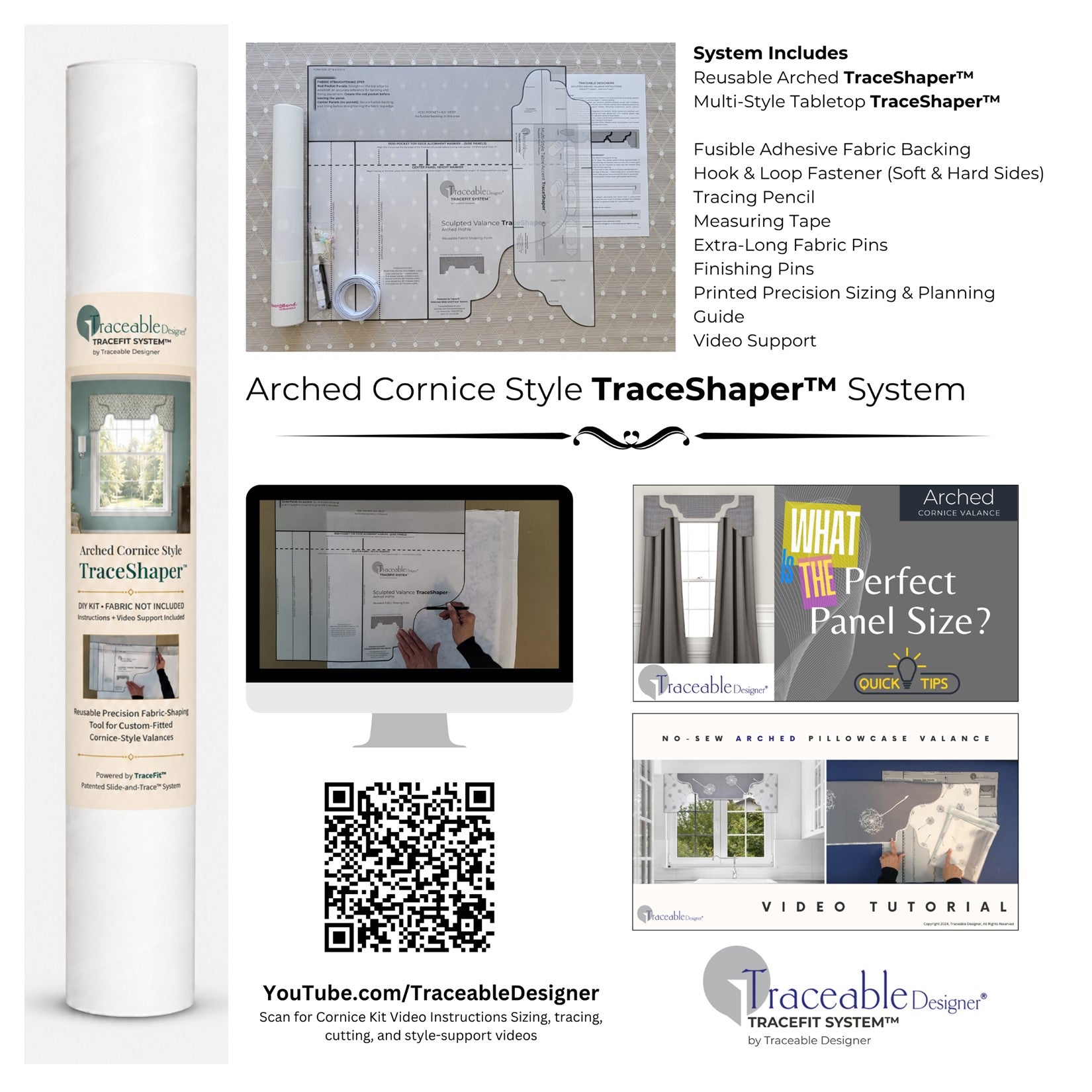 Traceable Designer arched no-sew rod pocket valance kit. Lined cornice-style valances are the perfect toppers for sliding-glass-doors, shades, or curtains. Traceable design forms are the perfect sewing alternative for DIY projects. Use a standard curtain rod. Fit all window sizes. 