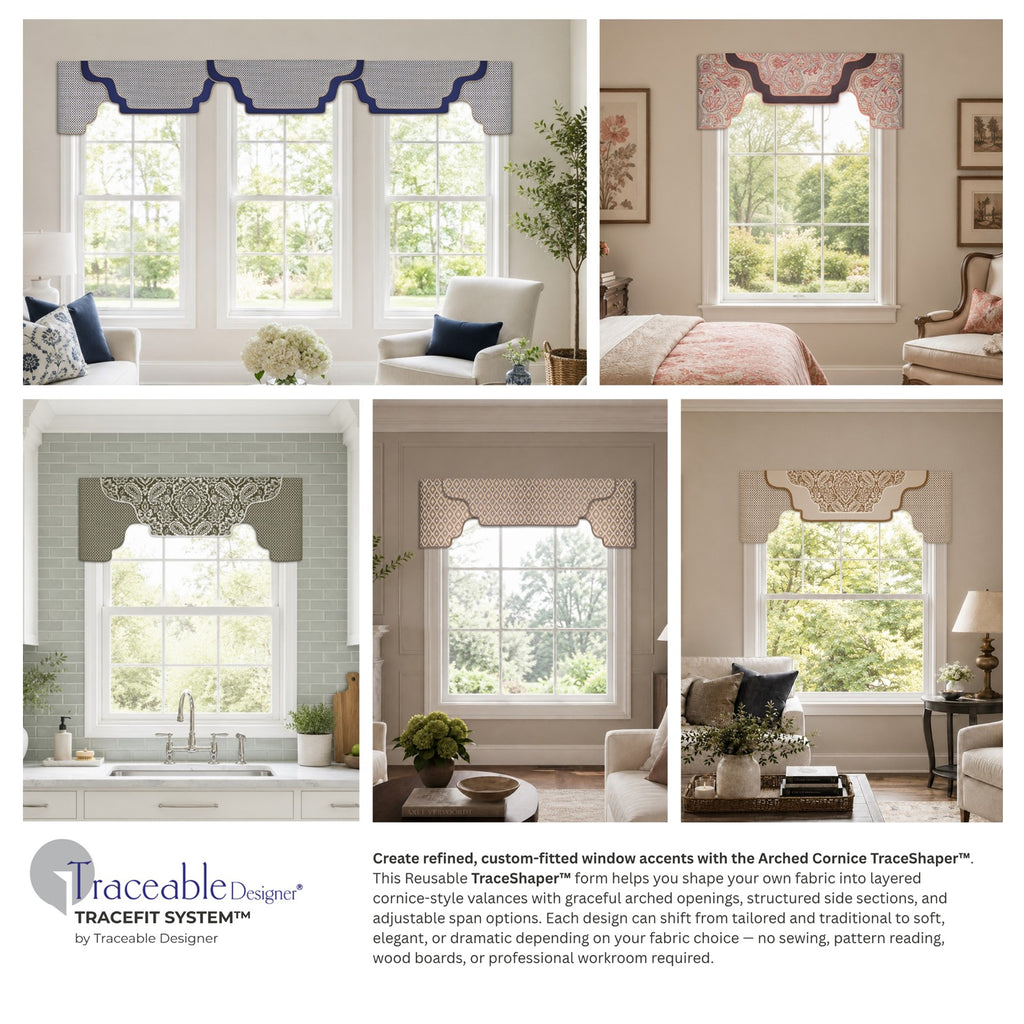 Traceable Designer arched no-sew rod pocket valance kit. Lined cornice styles are great for over shades or curtains. Traceable design forms are the perfect sewing alternative for DIY projects. Use a standard curtain rod. Fit all window sizes. 
