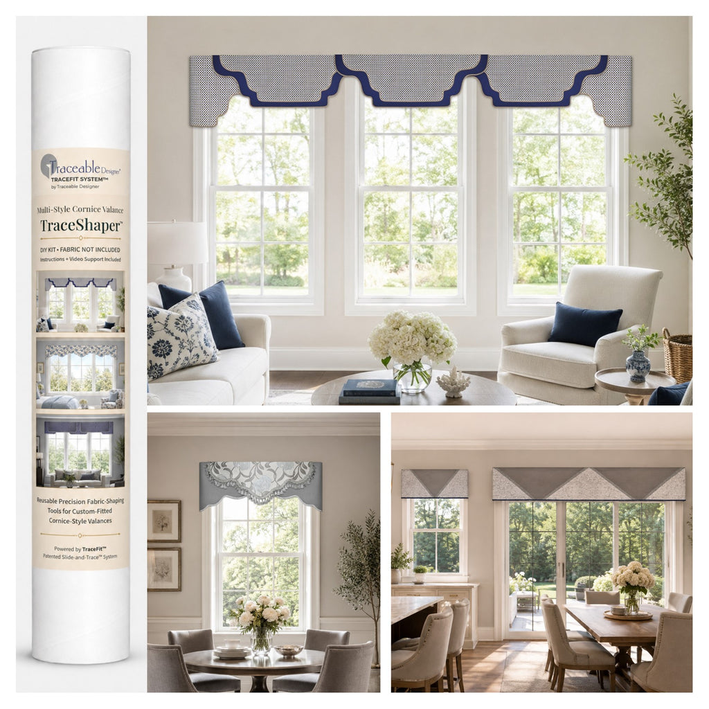 Traceable Designer® multi-style cornice valance kit showing scalloped, arched, and straight cornice valances made with the patented no-sew slide-and-trace and rod-pocket system.