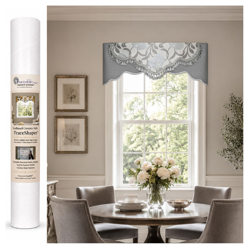 Scalloped Cornice Style TraceShaper™ kit shown with packaging tube and finished scalloped cornice-style valance displayed above a window. DIY no-sew cornice valance kit for creating a custom-fitted window treatment using your own fabric.