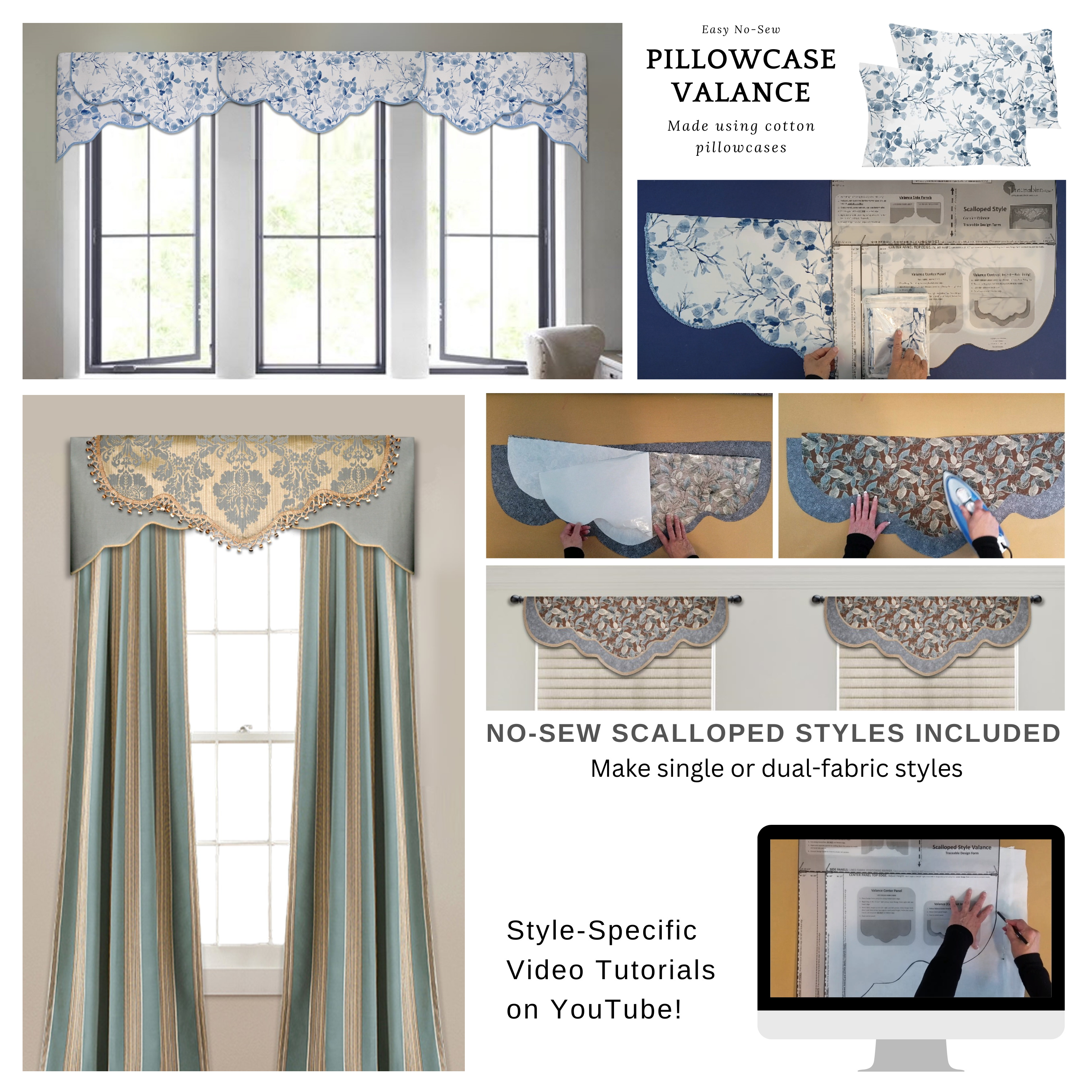 Traceable Designer no-sew valance kit includes scalloped, arched and straight cornice valance styles. Make professional-looking valances without sewing! Designed by Linda Schurr