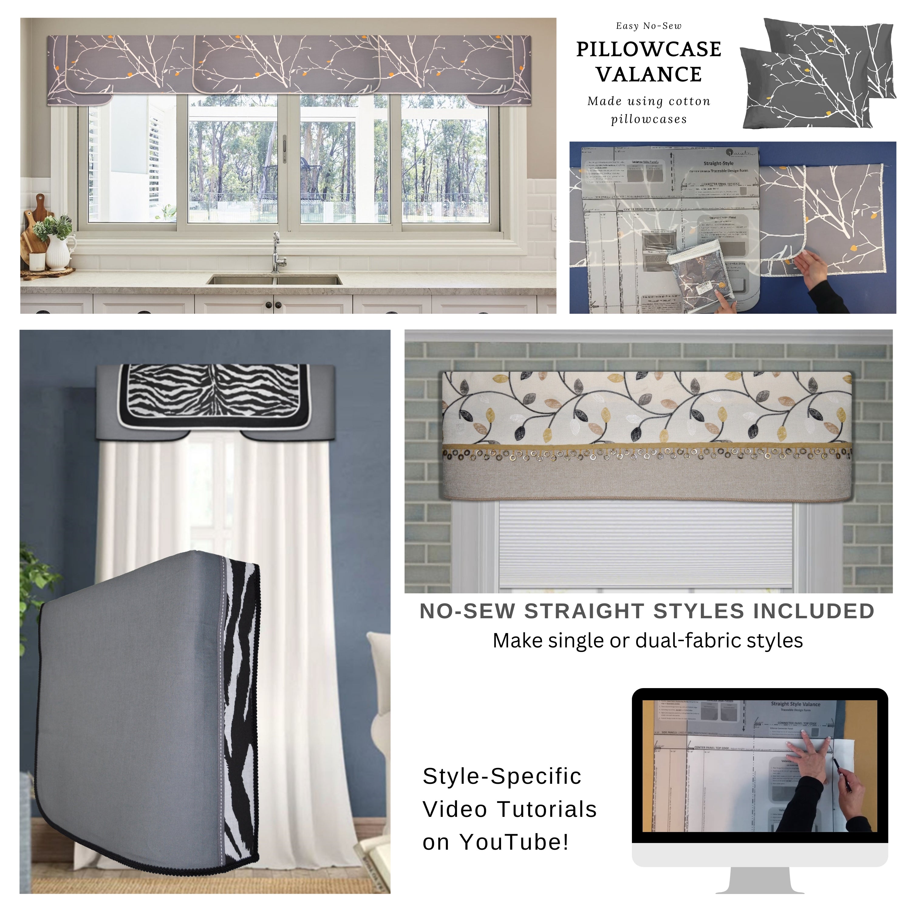 Traceable Designer no-sew DIY valance kit includes three styles in one kit. Fit all window sizes. Use valances to enhance drapes, shades or plain windows. Reusable kit for unlimited DIY home decorating. Designed by Linda Schurr