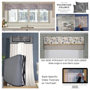 Traceable Designer no-sew DIY valance kit includes three styles in one kit. Fit all window sizes. Use valances to enhance drapes, shades or plain windows. Reusable kit for unlimited DIY home decorating. Designed by Linda Schurr