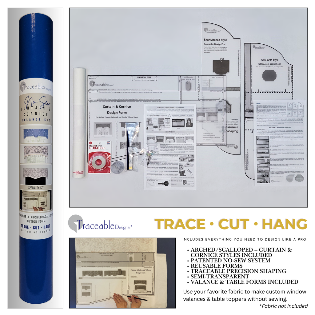Traceable Designer no-sew curtain and cornice valance kit for custom window decorating without sewing. Create trendy valances for large or small windows. Use a standard curtain rod. 