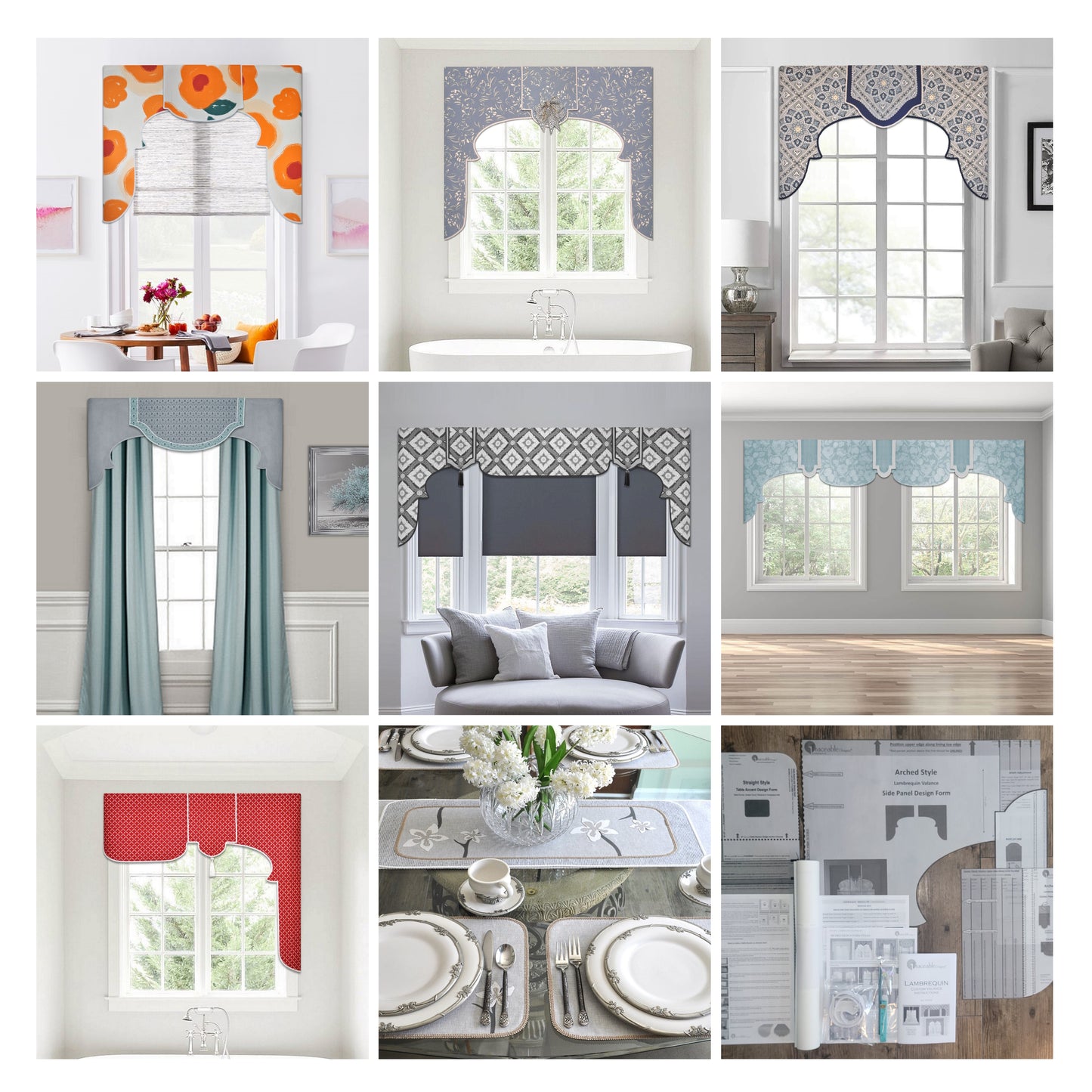 Traceable Designer arched no-sew valance kit includes traceable valance forms - the perfect sewing alternative for DIY window projects. Create custom valances to match curtains, throw pillows, bedding, shades, and more.