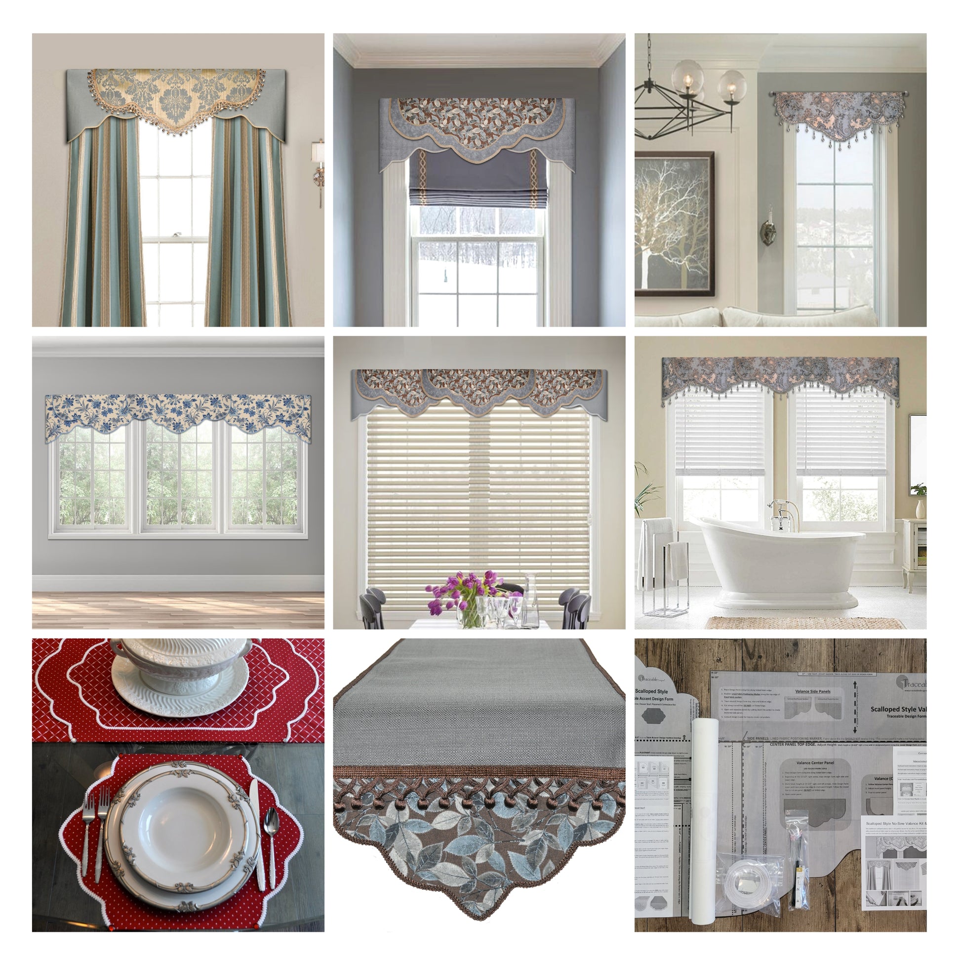 Traceable Designer scalloped style no-sew valance kit. Make rod pocket curtains for kitchen, bedroom, living room. The perfect sewing alternative for DIY custom window projects. Use a standard curtain rod no wood board or Styrofoam base needed.