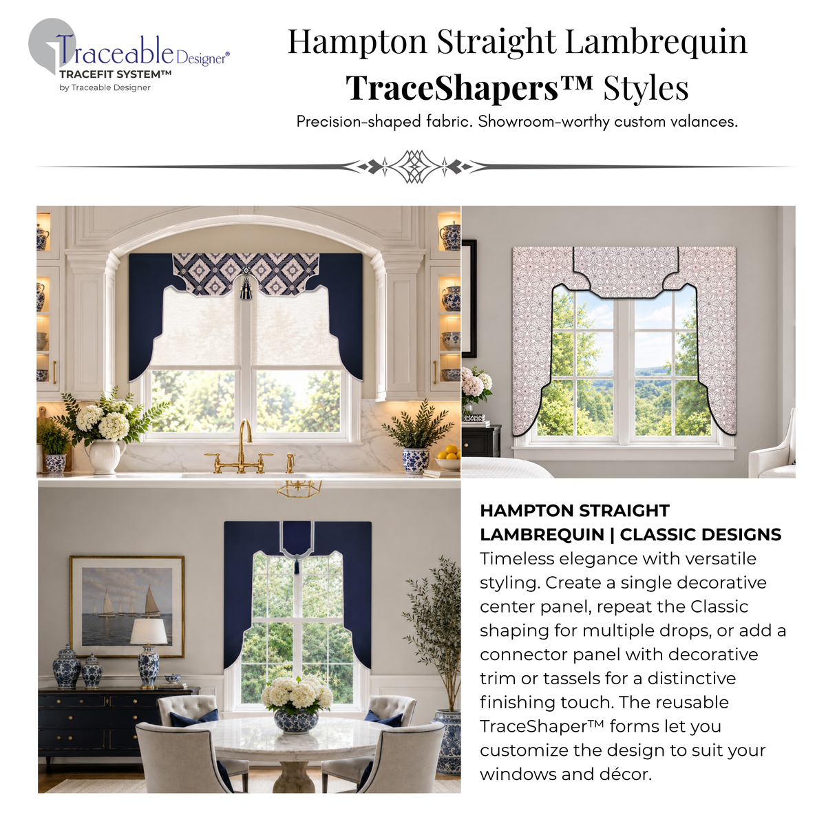Three Hampton Straight Lambrequin Classic designs showing decorative center panels, adjustable side sections, and a connector panel with tassel.