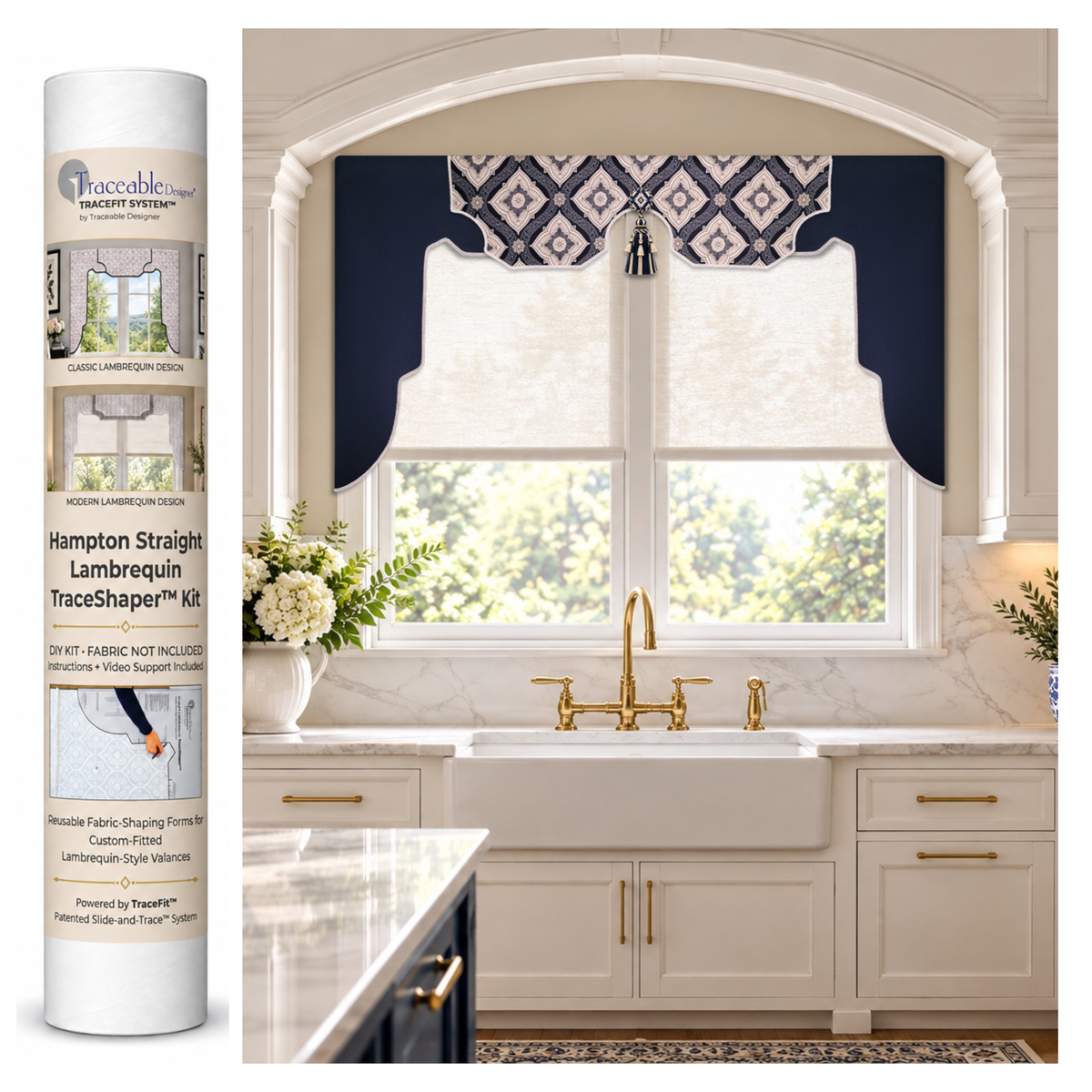 Hampton Straight Lambrequin DIY no-sew kit with reusable TraceShaper forms, shown beside a navy and cream Classic cornice-style window treatment.