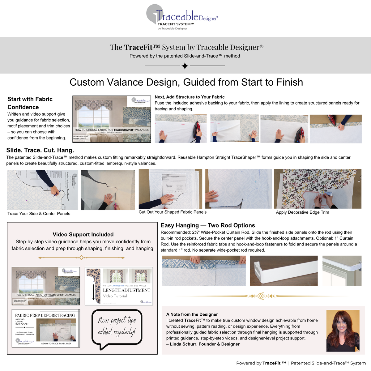 Hampton Straight Lambrequin DIY instructions with step-by-step fabric shaping guidance, no-sew construction techniques, and YouTube video support.