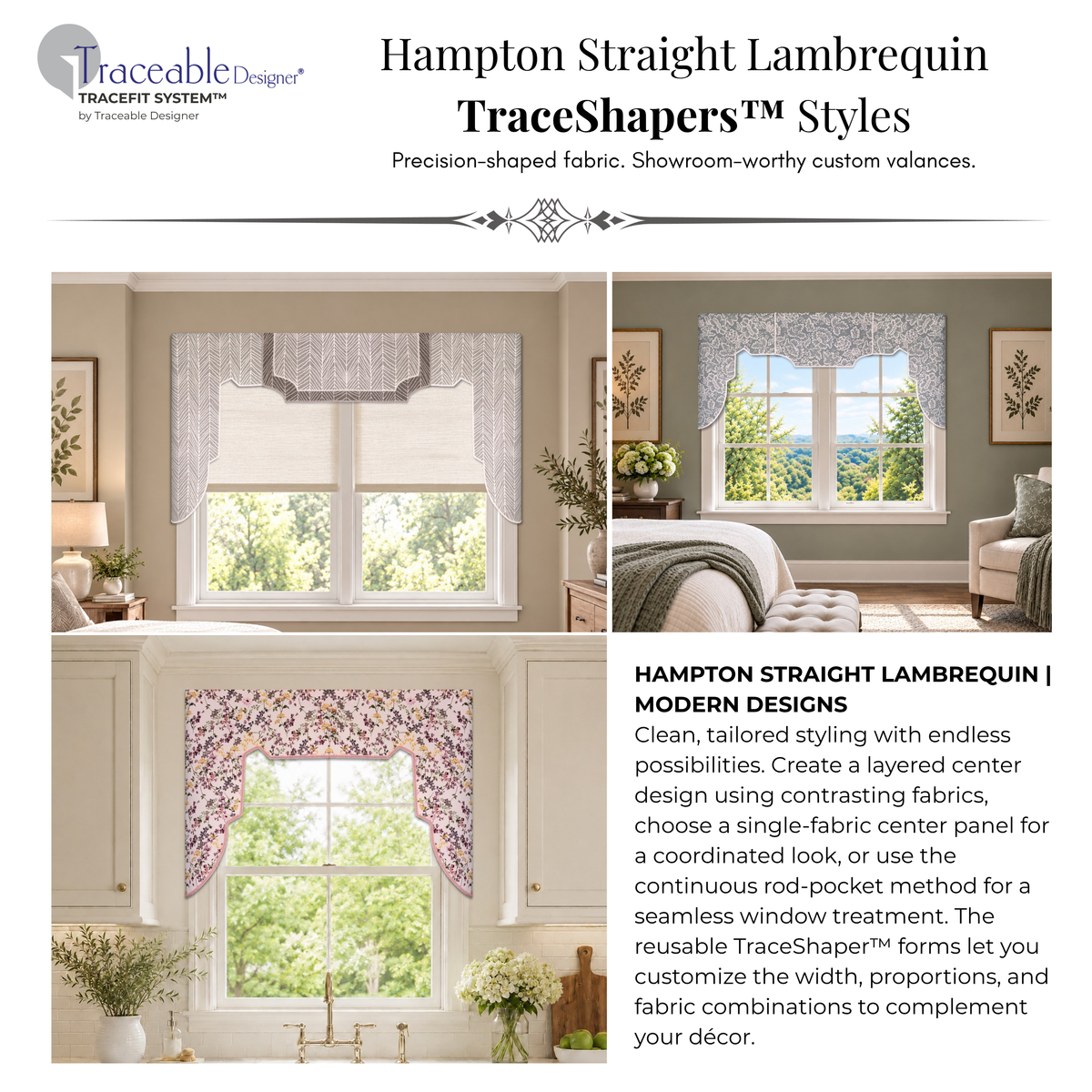 Hampton Straight Lambrequin Modern valance styles featuring layered fabrics, tailored center panels, and a continuous rod-pocket window treatment.