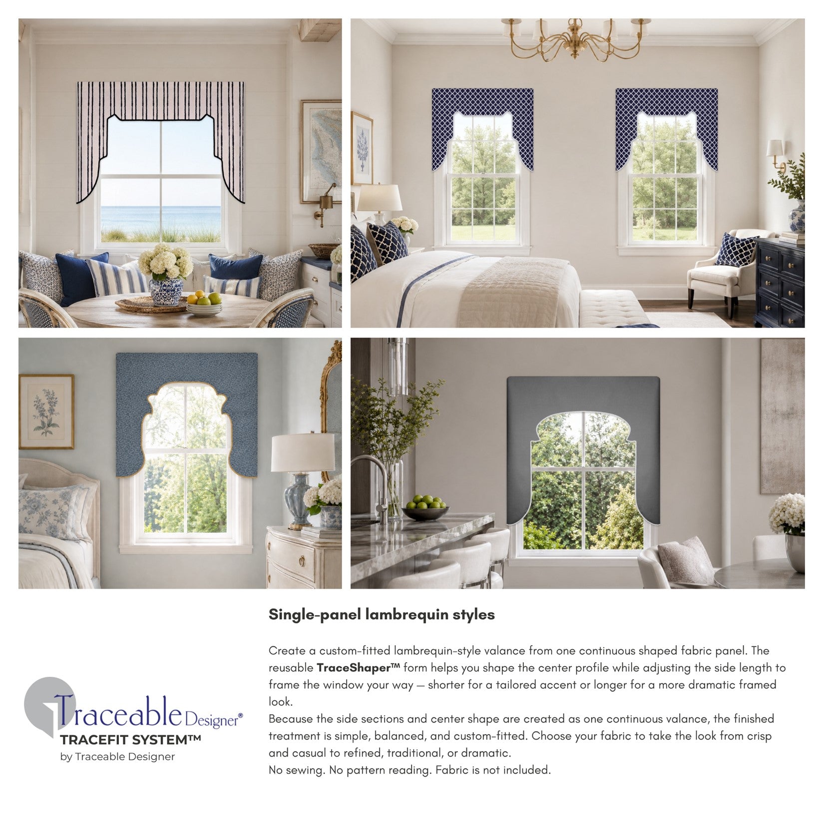 Traceable Designer multi-style lambrequin valance kit. Make custom window treatments without sewing. Lined panels include a rod pocket for hanging on a curtain rod. No wood board or Styrofoam needed. Long style is perfect for room darkening.