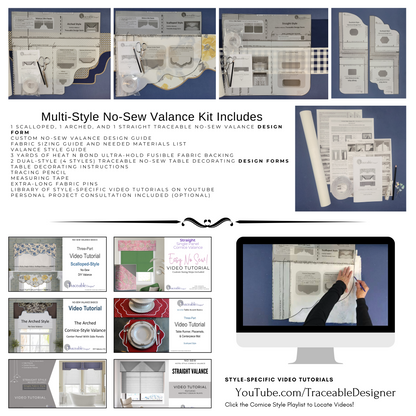 Traceable Designer multi-style no-sew rod pocket valance kit. Lined cornice styles are great for room darkening. Traceable design forms are the perfect sewing alternative for custom window treatments and DIY projects. Use a standard curtain rod. Fit all window sizes. 
