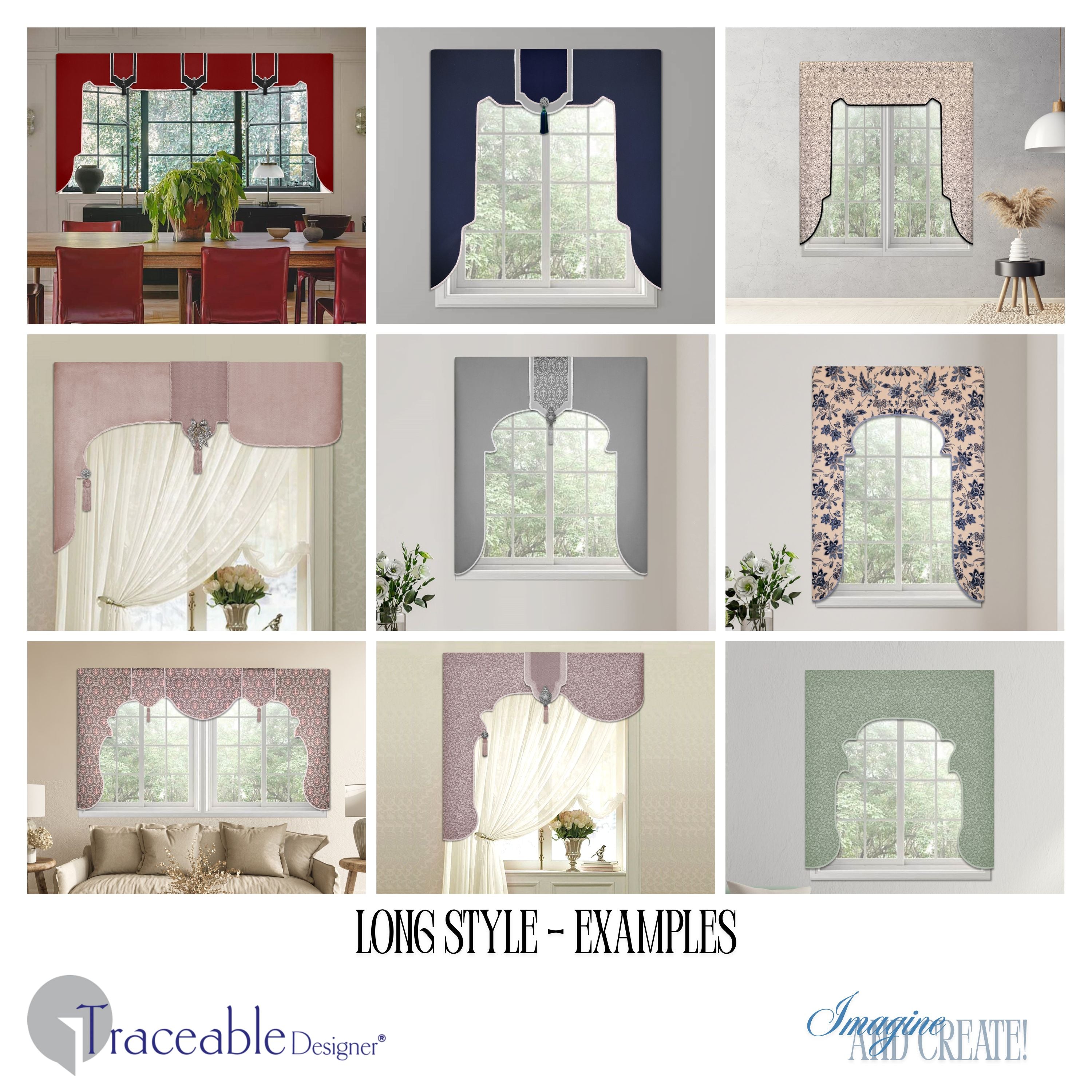 Traceable Designer multi-style lambrequin valance kit. Make custom window treatments without sewing. Lined panels include a rod pocket for hanging on a curtain rod. No wood board or Styrofoam needed. Long style is perfect for room darkening.