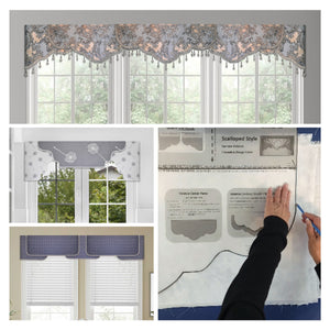 Traceable Desiger DIY multi-style valance kit, no sewing required, includes scalloped, arched and straight window treatment styles, Trace, Cut Out, Iron on Trim and Hang! Designed by Linda Schurr