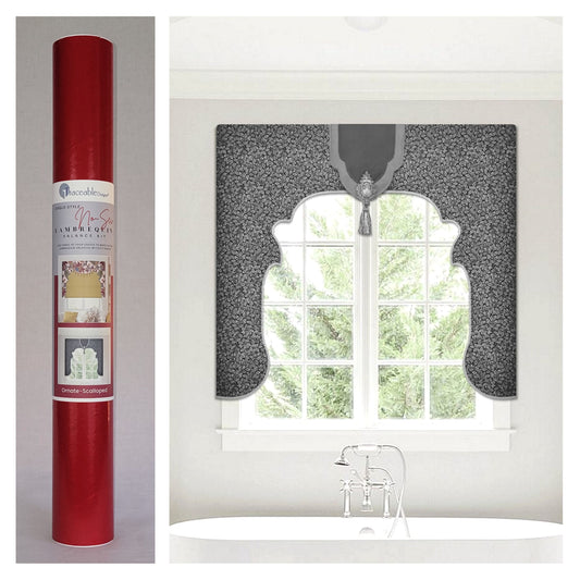 Traceable Designer no-sew scalloped lambrequin cornice valance kit. Make custom valances without sewing. Lined panels include a rod pocket for hanging on a curtain rod. Fit all window sizes and styles. Perfect for chic, elegant, & Mediterranean decor.
