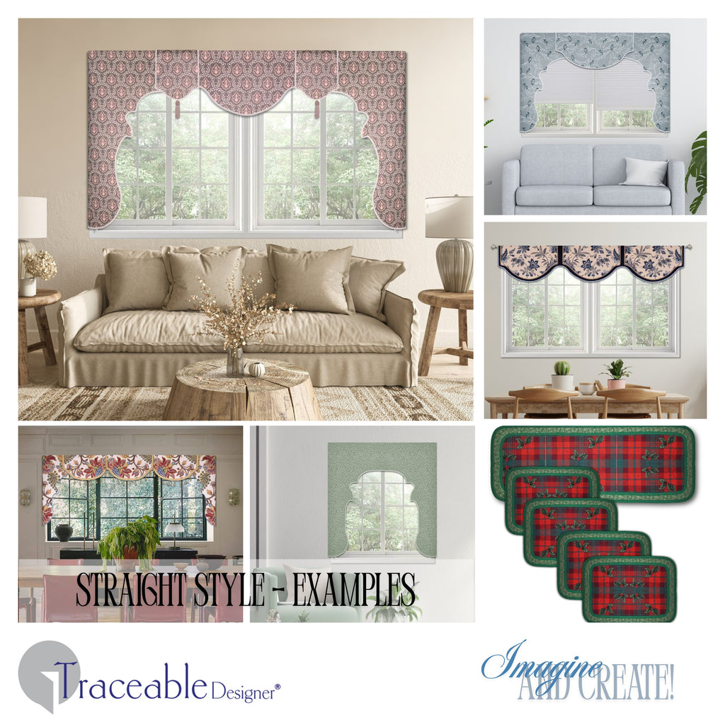 Traceable Designer no-sew ornate scalloped lambrequin cornice valance kit. Make custom valances without sewing. Lined panels include a rod pocket for hanging on a curtain rod. Fit all window sizes and styles. Perfect for chic, elegant, & Mediterranean decor.
