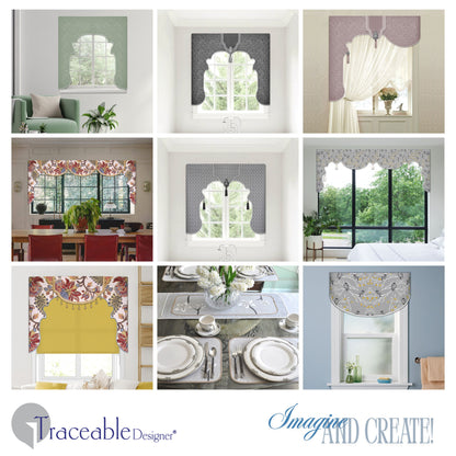 Traceable Designer no-sew scalloped lambrequin cornice valance kit. Make custom valances without sewing. Lined panels include a rod pocket for hanging on a curtain rod. Fit all window sizes and styles. Perfect for chic, elegant, & Mediterranean decor.
